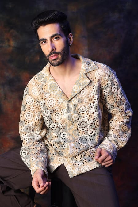 Label Muslin_Cream Crochet Designer Shirt _Online_at_Aza_Fashions