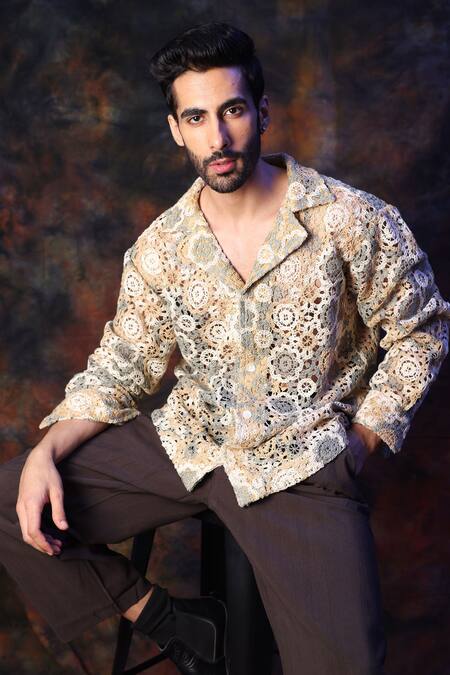 Buy_Label Muslin_Cream Crochet Designer Shirt _Online_at_Aza_Fashions
