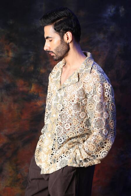 Shop_Label Muslin_Cream Crochet Designer Shirt _Online_at_Aza_Fashions
