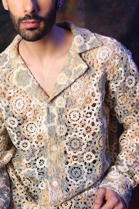 Label Muslin_Cream Crochet Designer Shirt _at_Aza_Fashions