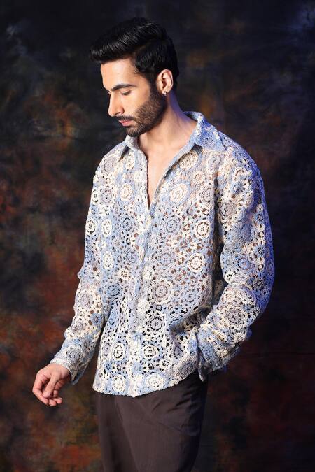 Label Muslin_Blue Cotton Crochet Designer Shirt _Online_at_Aza_Fashions