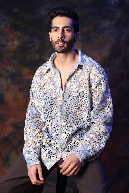 Buy_Label Muslin_Blue Cotton Crochet Designer Shirt _Online_at_Aza_Fashions