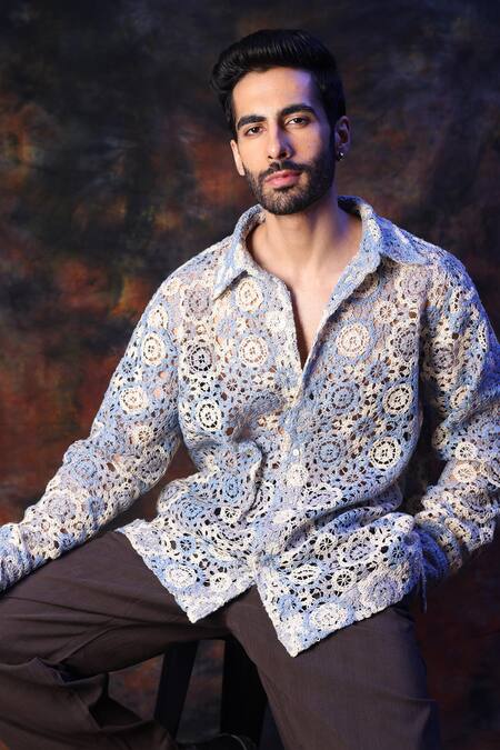 Shop_Label Muslin_Blue Cotton Crochet Designer Shirt _Online_at_Aza_Fashions