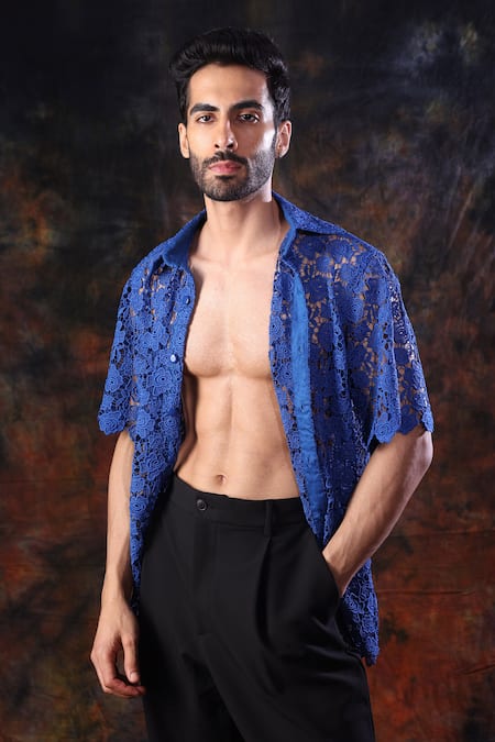 Label Muslin_Blue Designer Crochet Shirt _Online_at_Aza_Fashions