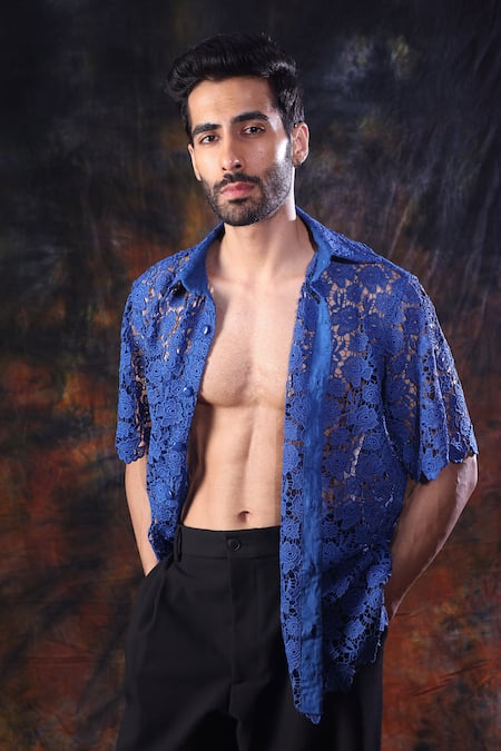 Buy_Label Muslin_Blue Designer Crochet Shirt _Online_at_Aza_Fashions