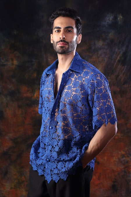 Shop_Label Muslin_Blue Designer Crochet Shirt _Online_at_Aza_Fashions