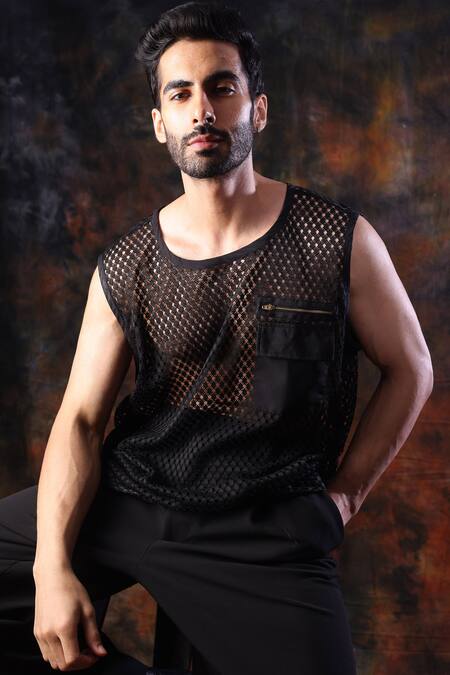 Label Muslin_Black Crochet Designer T-shirt _Online_at_Aza_Fashions