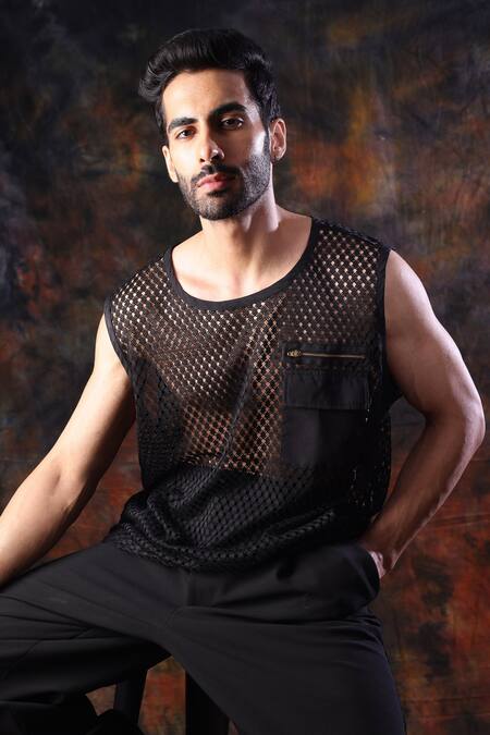 Shop_Label Muslin_Black Crochet Designer T-shirt _Online_at_Aza_Fashions