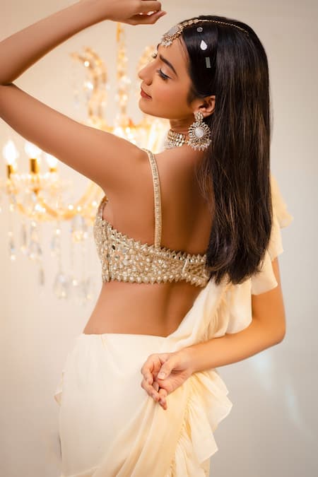 Foram Patel_Cream Georgette Embroidery, Mirrors, Cut Pre-draped Ruffle Saree With Blouse_Online_at_Aza_Fashions
