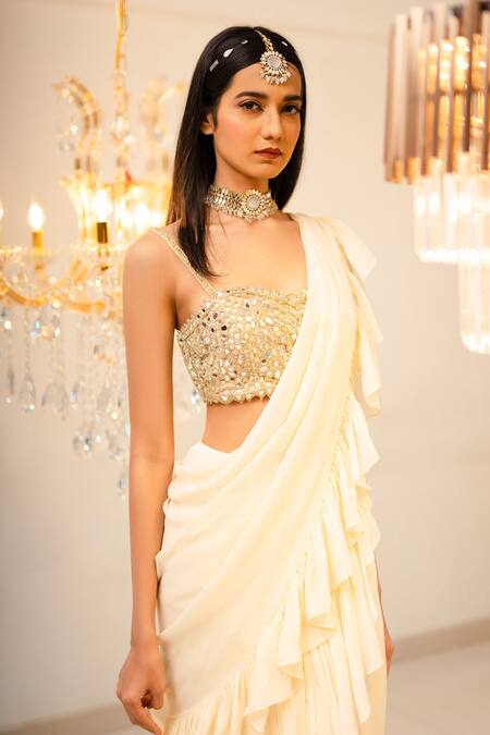 Buy_Foram Patel_Cream Georgette Embroidery, Mirrors, Cut Pre-draped Ruffle Saree With Blouse_Online_at_Aza_Fashions