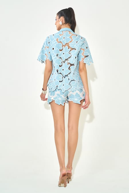 Qala Clothing Light Blue Embroidered Cutwork Co-ord Set 