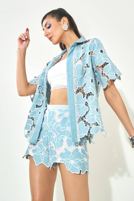 Shop_Qala Clothing_Blue Denim Cut Work Collared Light Embroidered Co-ord Set _Online_at_Aza_Fashions