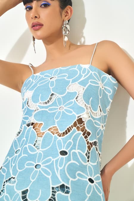 Shop_Qala Clothing_Blue Denim Cut Work Crew Neck Light Embroidered Co-ord Set _Online_at_Aza_Fashions