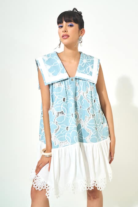 Qala Clothing Blue Denim, Cotton, Poplin Lace Scoop Neck Light Embroidered Cutwork Dress Online at Aza Fashions Qala Clothing_Blue Denim, Cotton, Poplin Lace Scoop Neck Light Embroidered Cutwork Dress _Online_at_Aza_Fashions