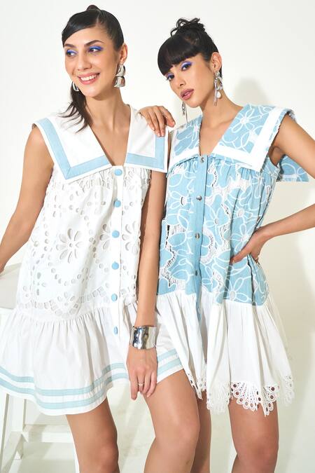 Buy Qala Clothing Blue Denim, Cotton, Poplin Lace Scoop Neck Light Embroidered Cutwork Dress Online at Aza Fashions Buy_Qala Clothing_Blue Denim, Cotton, Poplin Lace Scoop Neck Light Embroidered Cutwork Dress _Online_at_Aza_Fashions