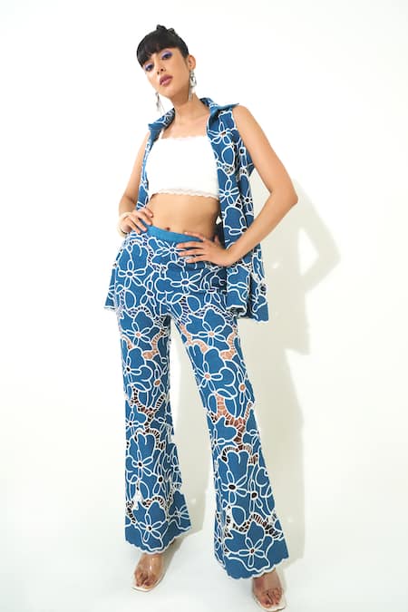 Qala Clothing Blue Denim Embroidery Round Neck Cutwork Jacket And Pant Set 