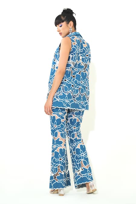 Qala Clothing Embroidered Cutwork Denim Jacket & Pant Set 