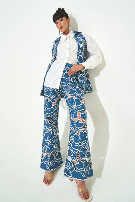 Qala Clothing Blue Denim, Cotton, Poplin Embroidery, Pearls, Cut Work Round Neck, Collared Set Online at Aza Fashions Qala Clothing_Blue Denim, Cotton, Poplin Embroidery, Pearls, Cut Work Round Neck, Collared Set _Online_at_Aza_Fashions