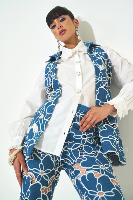 Buy Qala Clothing Blue Denim, Cotton, Poplin Embroidery, Pearls, Cut Work Round Neck, Collared Set Online at Aza Fashions Buy_Qala Clothing_Blue Denim, Cotton, Poplin Embroidery, Pearls, Cut Work Round Neck, Collared Set _Online_at_Aza_Fashions