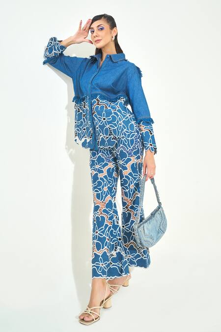 Qala Clothing_Blue Denim Embroidery, Cut Work Collared Dark Set _Online_at_Aza_Fashions