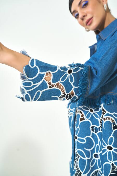Buy_Qala Clothing_Blue Denim Embroidery, Cut Work Collared Dark Set _Online_at_Aza_Fashions