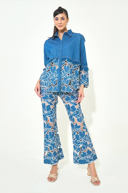 Qala Clothing Blue Denim Embroidery, Cut Work Collared Dark Set