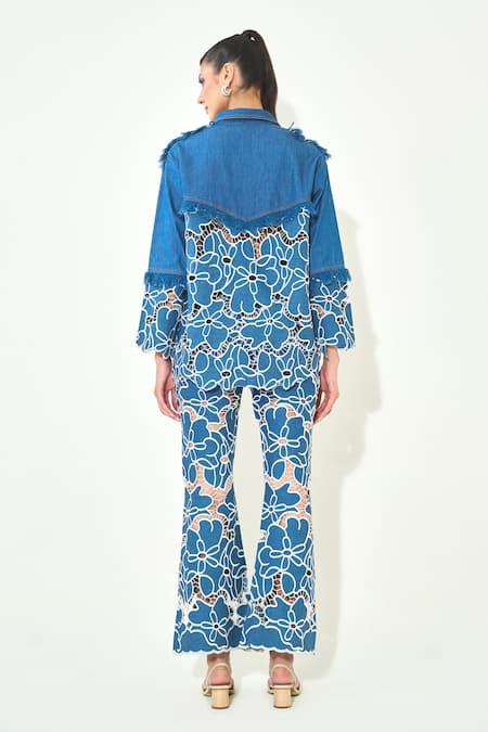 Qala Clothing Dark Blue Embroidered Cutwork Denim Set 