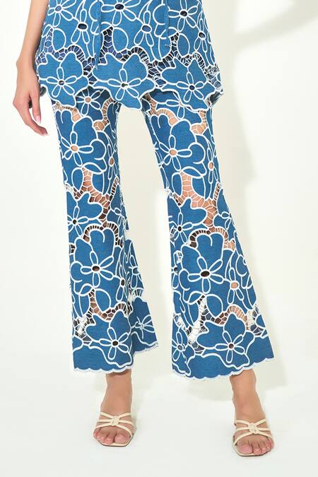 Qala Clothing Blue Denim Embroidery, Cut Work High Neck Co-ord Set Online at Aza Fashions Qala Clothing_Blue Denim Embroidery, Cut Work High Neck Co-ord Set _Online_at_Aza_Fashions