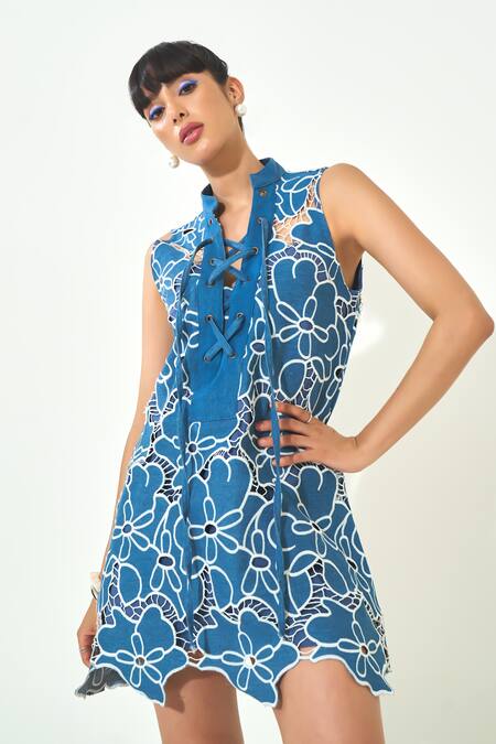 Qala Clothing Blue Denim Cut Work Collared Embroidered Dress Online at Aza Fashions Qala Clothing_Blue Denim Cut Work Collared Embroidered Dress _Online_at_Aza_Fashions