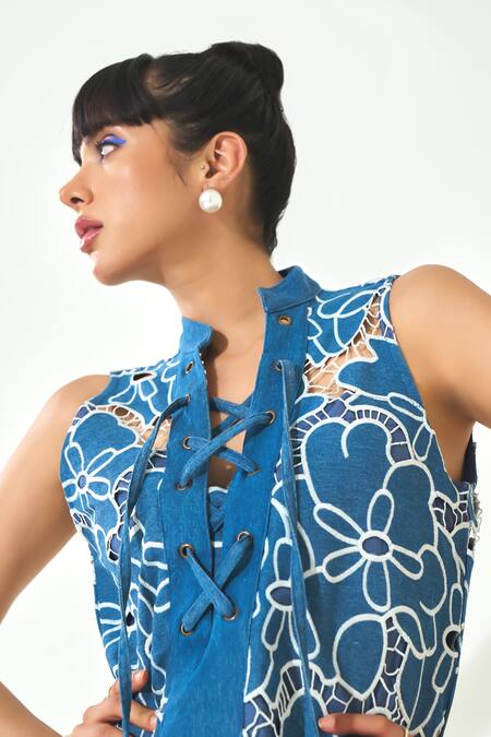 Buy Qala Clothing Blue Denim Cut Work Collared Embroidered Dress Online at Aza Fashions Buy_Qala Clothing_Blue Denim Cut Work Collared Embroidered Dress _Online_at_Aza_Fashions