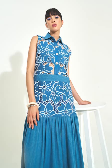 Buy_Qala Clothing_Blue Denim Embroidery Collared Soleil Cutwork Maxi Dress _Online_at_Aza_Fashions