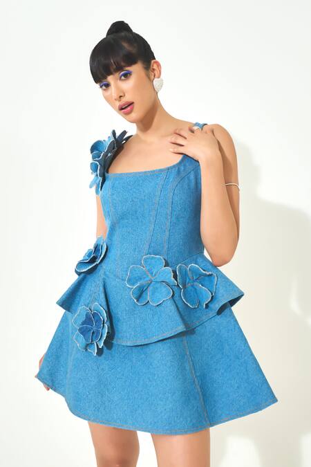 Buy_Qala Clothing_Blue Denim Fabric Flowers Square Neck Dark Structure Short Dress _Online_at_Aza_Fashions