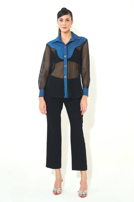 Qala Clothing Blue Denim, Mesh Collared Utility Shirt Online at Aza Fashions Qala Clothing_Blue Denim, Mesh Collared Utility Shirt _Online_at_Aza_Fashions