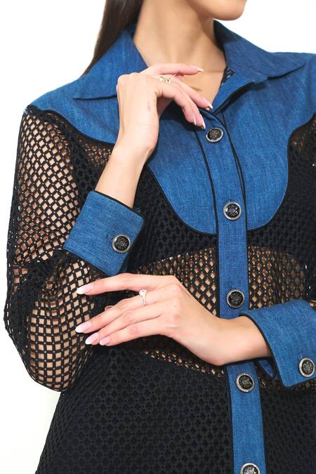 Buy Qala Clothing Blue Denim, Mesh Collared Utility Shirt Online at Aza Fashions Buy_Qala Clothing_Blue Denim, Mesh Collared Utility Shirt _Online_at_Aza_Fashions