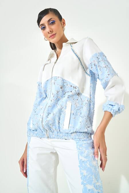 Qala Clothing Blue Denim Lace Round Neck Light Jacket And Pant Set Online at Aza Fashions Qala Clothing_Blue Denim Lace Round Neck Light Jacket And Pant Set _Online_at_Aza_Fashions