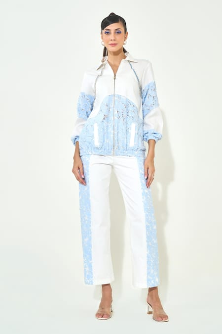 Qala Clothing Light Blue Denim Lace Jacket & Pant Set 