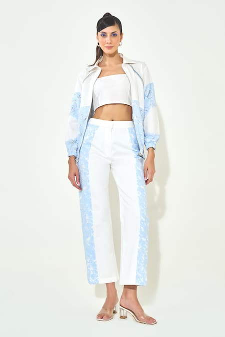 Qala Clothing Blue Denim Lace Round Neck Light Jacket And Pant Set 