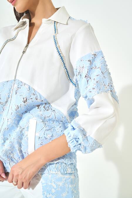 Qala Clothing Blue Denim Lace Round Neck Light Jacket And Pant Set at Aza Fashions Qala Clothing_Blue Denim Lace Round Neck Light Jacket And Pant Set _at_Aza_Fashions