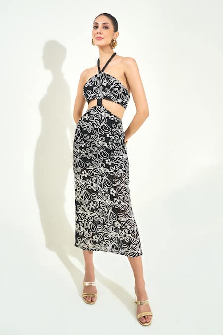 Qala Clothing Black Knit Embroidery Halter Neck Floral Dress