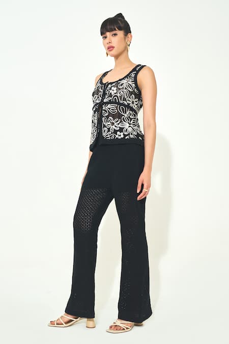 Qala Clothing Black Knit Top & Bellbottom Pant Set 