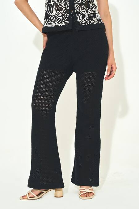Shop Qala Clothing Black Knit Embroidery Round Neck Top And Bellbottom Pant Set Online at Aza Fashions Shop_Qala Clothing_Black Knit Embroidery Round Neck Top And Bellbottom Pant Set _Online_at_Aza_Fashions