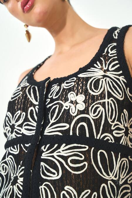 Shop_Qala Clothing_Black Knit Embroidery Round Neck Floral Co-ord Set _Online_at_Aza_Fashions