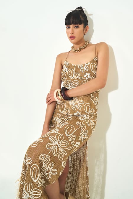 Qala Clothing Beige Knit Embroidery Floral Maxi Dress Online at Aza Fashions Qala Clothing_Beige Knit Embroidery Floral Maxi Dress _Online_at_Aza_Fashions