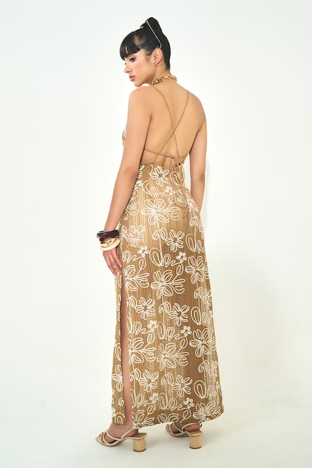 Qala Clothing Beige Floral Embroidered Maxi Dress 