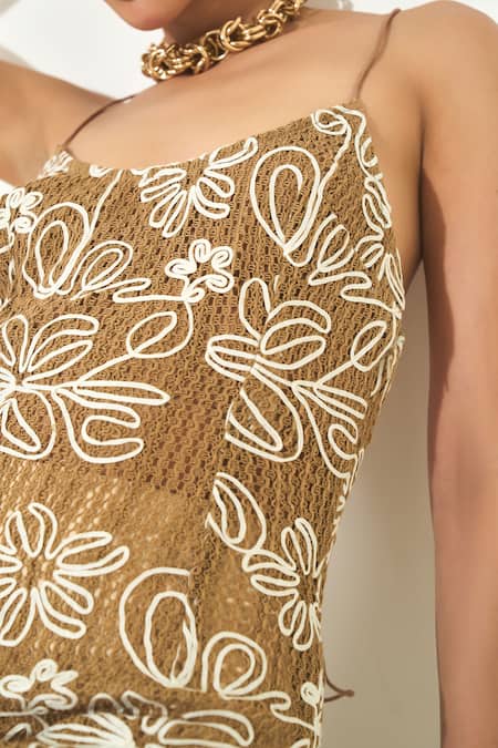 Shop Qala Clothing Beige Knit Embroidery Floral Maxi Dress Online at Aza Fashions Shop_Qala Clothing_Beige Knit Embroidery Floral Maxi Dress _Online_at_Aza_Fashions