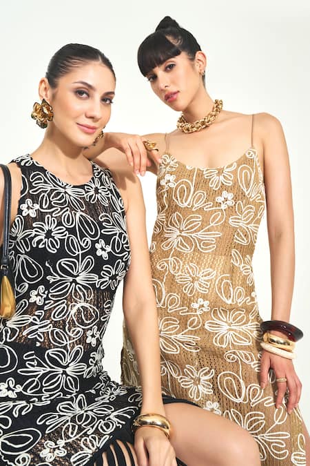 Buy Qala Clothing Beige Knit Embroidery Floral Maxi Dress Buy_Qala Clothing_Beige Knit Embroidery Floral Maxi Dress