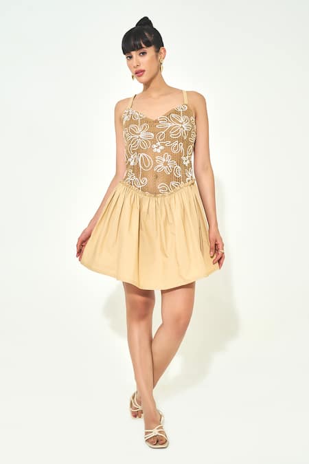 Qala Clothing Beige Knit, Cotton Embroidery Sweetheart Neck Palma Sundower Short Dress