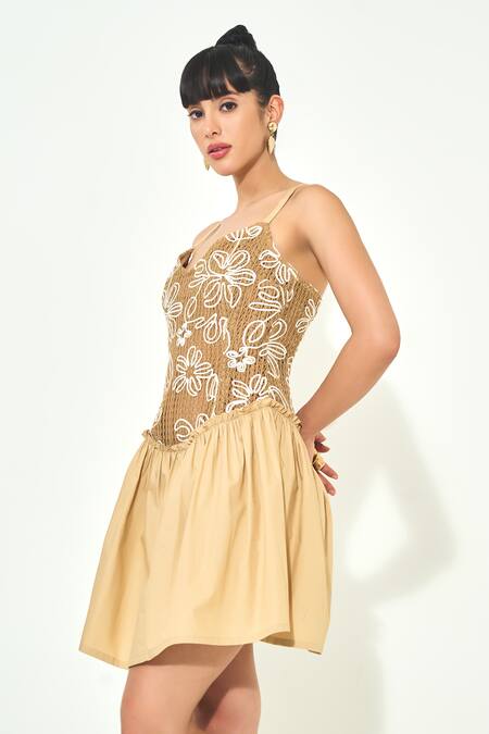 Qala Clothing_Beige Knit, Cotton Embroidery Sweetheart Neck Palma Sundower Short Dress _Online_at_Aza_Fashions