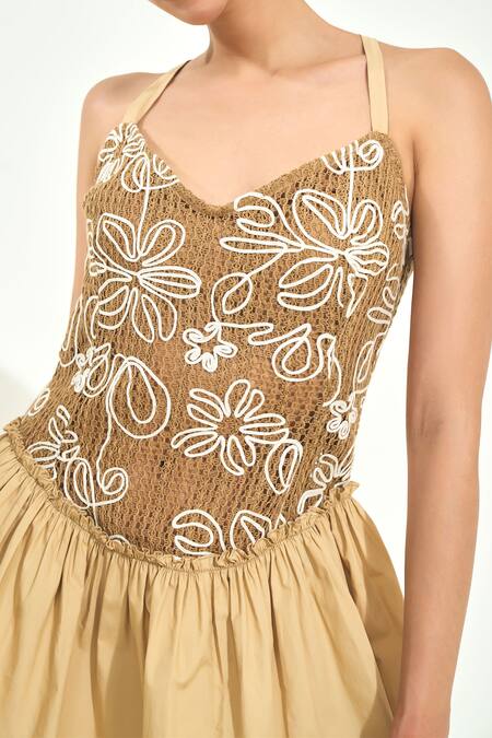Shop_Qala Clothing_Beige Knit, Cotton Embroidery Sweetheart Neck Palma Sundower Short Dress _Online_at_Aza_Fashions