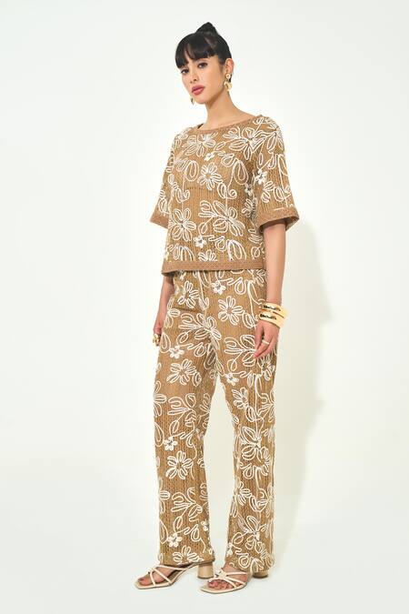 Qala Clothing_Beige Knit Embroidery Round Neck Floral Top And Pant Set _Online_at_Aza_Fashions